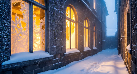 Snowy building facade with illuminated windows at dusk