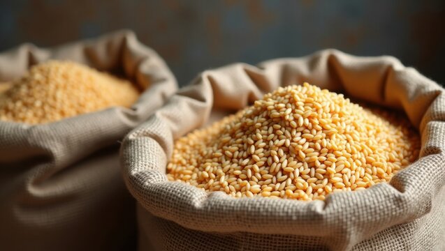 Mont&iacute;culos de arroz en bolsas de arpillera, superficies texturizadas que muestran granos, simbolizando la cadena de suministro de alimentos y la abundancia de cosechas