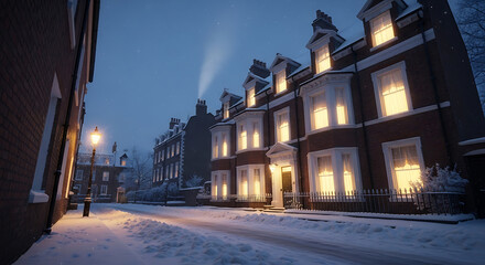 Snowy London street at night with glowing windows