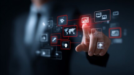 Man touching futuristic interface with glowing icons, blurred background