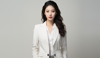 Confident young Asian student or office worker in white blouse, smiling with positive energy