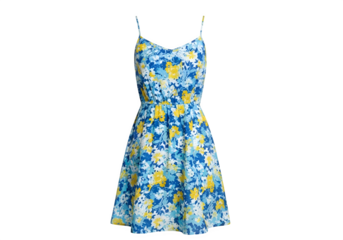 Elegant blue and yellow floral print sundress isolated on transparent background, perfect for summer outings and casual events with its vibrant design