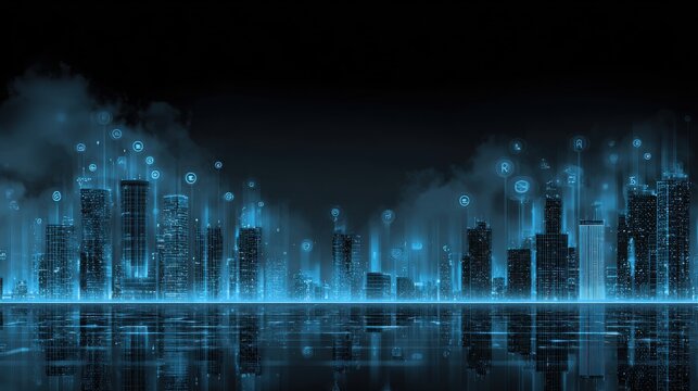 Blue Cityscape with Digital Icons and Reflections