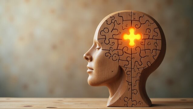 Rompecabezas de cabeza humana de madera con una pieza central vibrante a&ntilde;adida, que simboliza estabilidad emocional, atenci&oacute;n plena y alineaci&oacute;n cognitiva interna