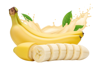 Fresh bananas with creamy milk splash, displaying sliced sections and whole fruit against a dark background.