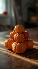 Stack of Small Pumpkins on Wooden Table in Autumnal Sunlight