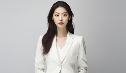 Confident young Asian student or office worker in white blouse, smiling with positive energy