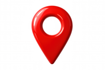 Shiny red location pin indicating precise coordinates on a transparent background, ideal for travel and navigation concepts