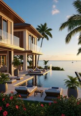 Fototapeta premium Coastal villa retreat featuring an infinity pool and tropical landscaping
