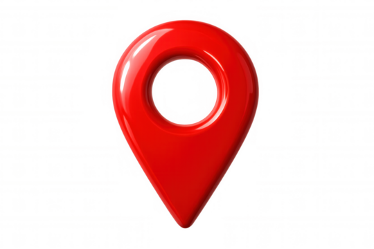 Shiny red location pin indicating precise coordinates on a transparent background, ideal for travel and navigation concepts