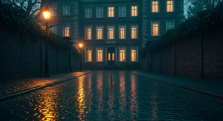Rainy street with illuminated building at night