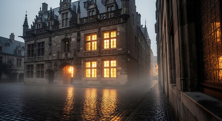 Medieval building in foggy city street at dusk