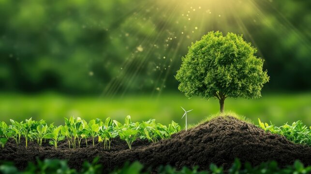 Tree wind turbine and seedlings on soil - Powered by Adobe
