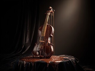 indulge in art: a surreal editorial shot of a caramel magic violin with chocolate strings - perfect for a sweet culinary poster in a stylish interior!