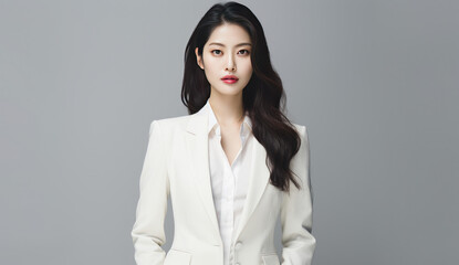 Confident young Asian student or office worker in white blouse, smiling with positive energy