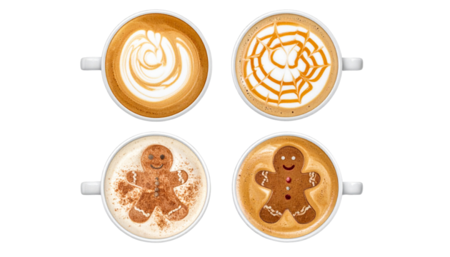 Top-Down View of Coffee Cups with Festive Garnishes, Transparent PNG - Powered by Adobe