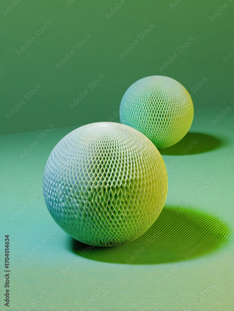 Poster two textured spheres in green tones placed on a gradient surface create an engaging visual compositi