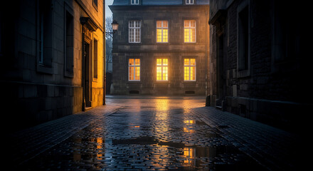 Rainy cobblestone street with warm window lights at night
