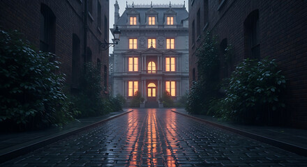 Grand mansion on a rainy evening