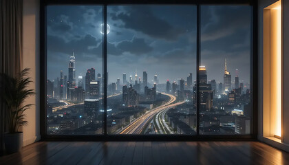 Obraz premium Panoramic view of a sprawling futuristic city skyline at night under a cloudy moonlit sky