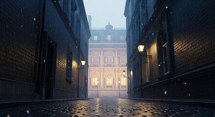 Rainy European street with vintage architecture