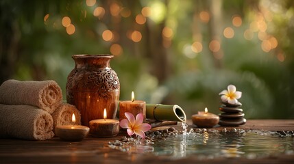 Relaxing spa composition with candles, bamboo fountain, towels, and flowers creating peaceful wellness and meditation atmosphere