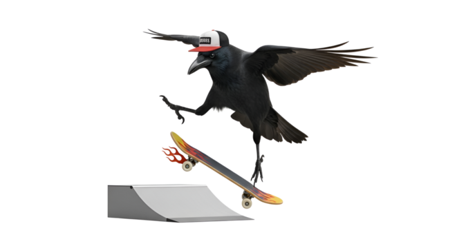 Crow doing a skateboard trick on a ramp isolated PNG with Transparent Background