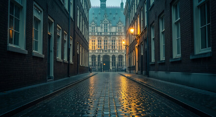 Rainy street with historical building in Europe