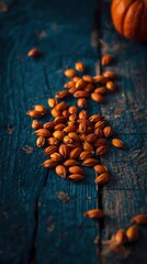 Autumnal Still Life Pumpkin Seeds on Rustic Wooden Table