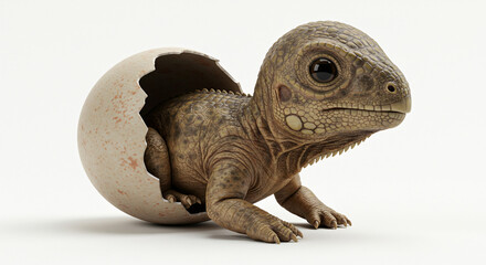 An adorable newborn prehistoric reptile emerges from its cracked egg, symbolizing new life and beginnings on a clean white background