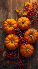 Autumn Harvest Pumpkins, Berries, and Fall Leaves on Rustic Wood
