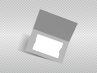 White plastic gift card in folded paper package. Minimal setup for showcasing loyalty, banking, membership or discount cards. Empty template for branding. Elegant mockup of certificate in holder.