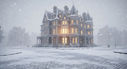 Victorian Mansion in Winter Snowstorm