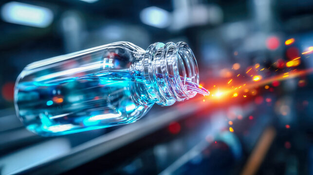 Transparent glass bottle on production line illuminated with glowing light effects