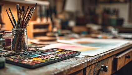 Artistic workspace, paintbrushes, and palette