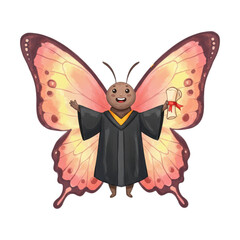 Obraz premium Cartoon Graduation Butterfly Character with Black Gown and Scroll on Transparent Background