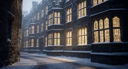 Snowy university courtyard with illuminated windows