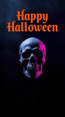 Happy Halloween Neon Skull with Spooky Text Overlay