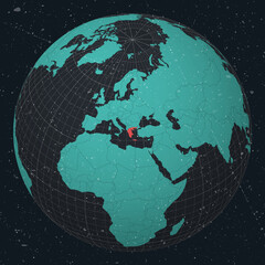 Hellenic Republic on Globe. Vintage look with grunge scratched texture. Country view on world map in Dark Charcoal Turquoise color palette. Greece shape on map. Globe with meridians and parallels.