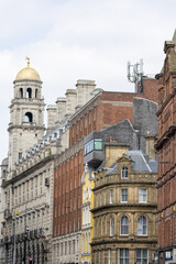 Buildings with Diverse Architecture and Golden Dome  in Liverpool, UK.