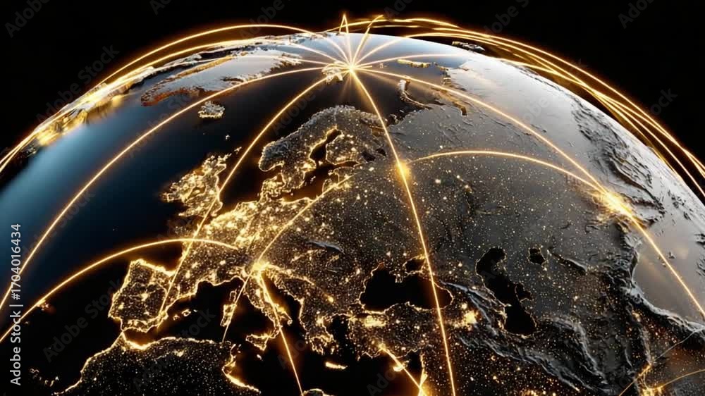 Poster global network: a luminous network of interconnected lines overlays the earth, showcasing global con