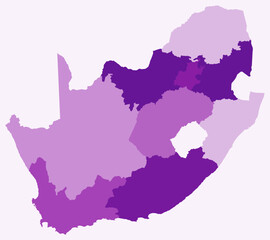 Map of South Africa with regions. Just a simple country border map with region division. Purple color palette. Blank South Africa shape with administrative division. Vector illustration.