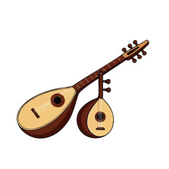 Cartoon pair of traditional pear-shaped stringed instruments, a large tan oud and a smaller brown lute.