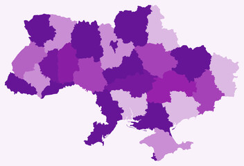 Map of Ukraine with regions. Just a simple country border map with region division. Purple color palette. Blank Ukraine shape with administrative division. Vector illustration.