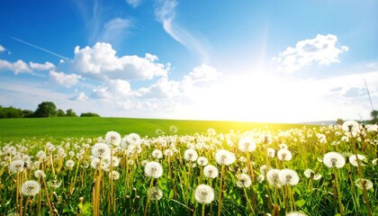 A field of dandelions under a bright sky