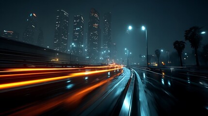 Fototapeta premium Night City Rush: A mesmerizing shot of a modern cityscape at night, illuminated by dynamic streaks of light from moving vehicles on the slick, wet road, capturing the vibrant pulse of urban life.