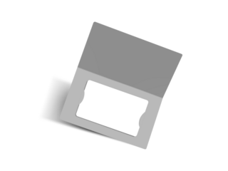 White plastic gift card in folded paper package. Minimal setup for showcasing loyalty, banking, membership or discount cards. Empty template for branding. Elegant mockup of certificate in holder.