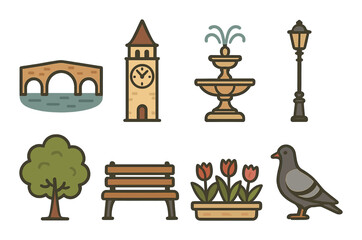 Icon set of bridge clock tower fountain tree bench flowers lamp and pigeon