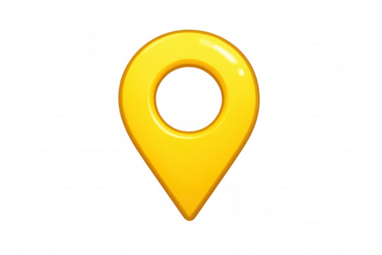 Shiny yellow location pin pointing current position on transparent background, ideal for maps and navigation apps