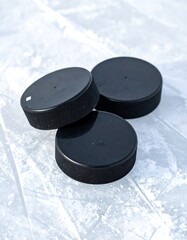 Three hockey pucks on ice (1)